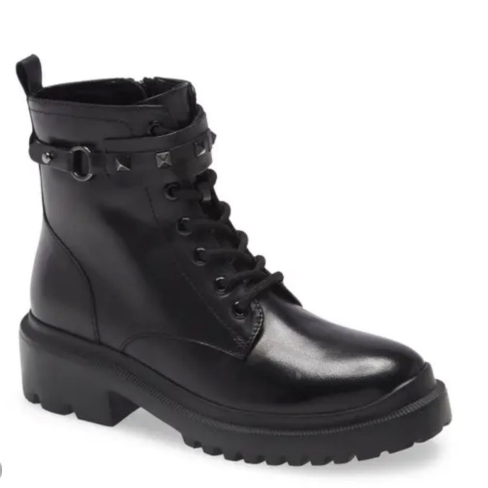 Blondo Black Leather Lace-Up Combat Boot with Studded Ankle Strap